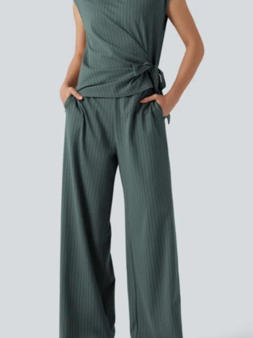 Wide-Leg Ribbed Knit Pants - Dark Teal